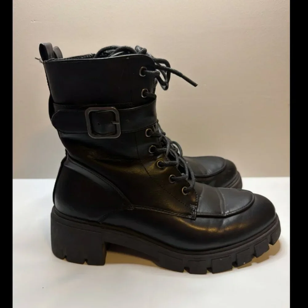 Black Combat - Style Leather Boots - Buckle w/Lace Up - Picture 4 of 8